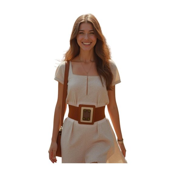 Women Brown Wide Elastic Belt Geometric Square Antique Gold Studs S M z042 - Picture 4 of 16